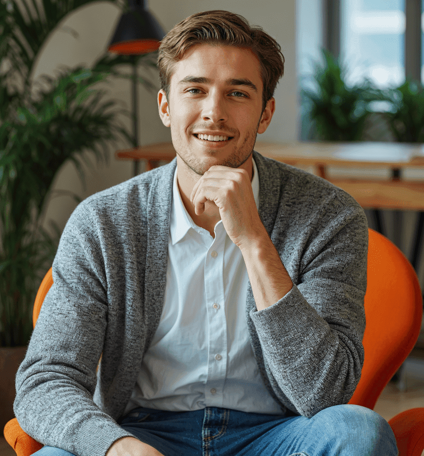 A man in an office, sitting comfortably on an orange chair, engaged in a task at his desk.