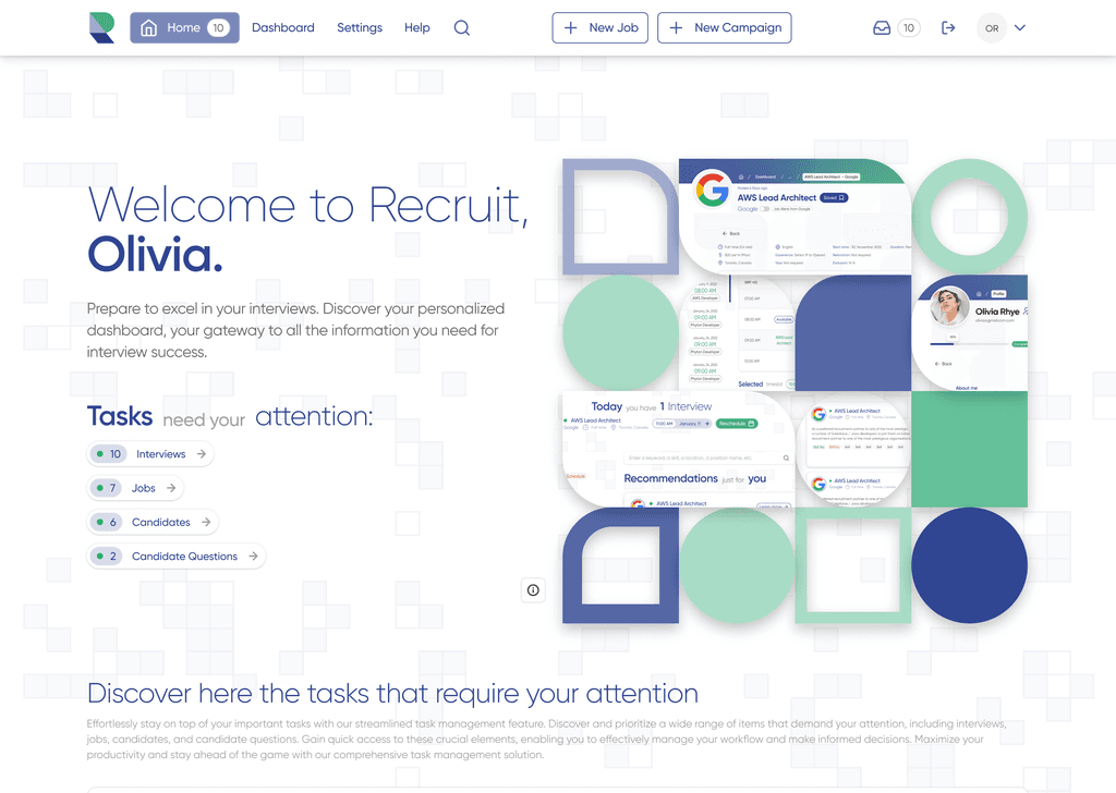 Welcome page of a recruitment dashboard for a user named Olivia. It features personalized tasks including interviews, jobs, candidates, and candidate questions. The page has a clean design with a prominent greeting and a visual representation of different dashboard sections.