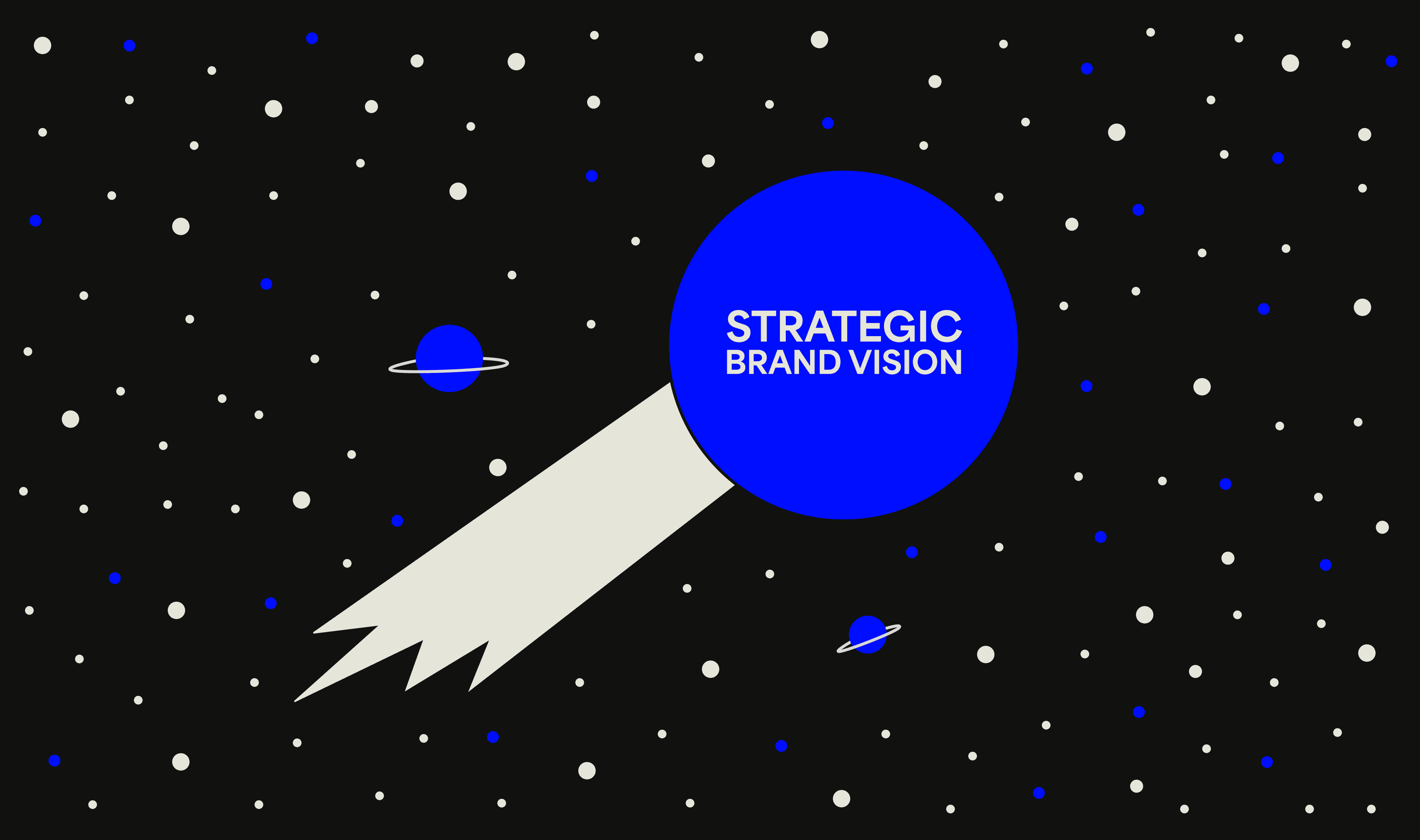 Space themed thumbnail with a blue planet titled Strategic Brand Vision for a branding blog by Rare Ideas.