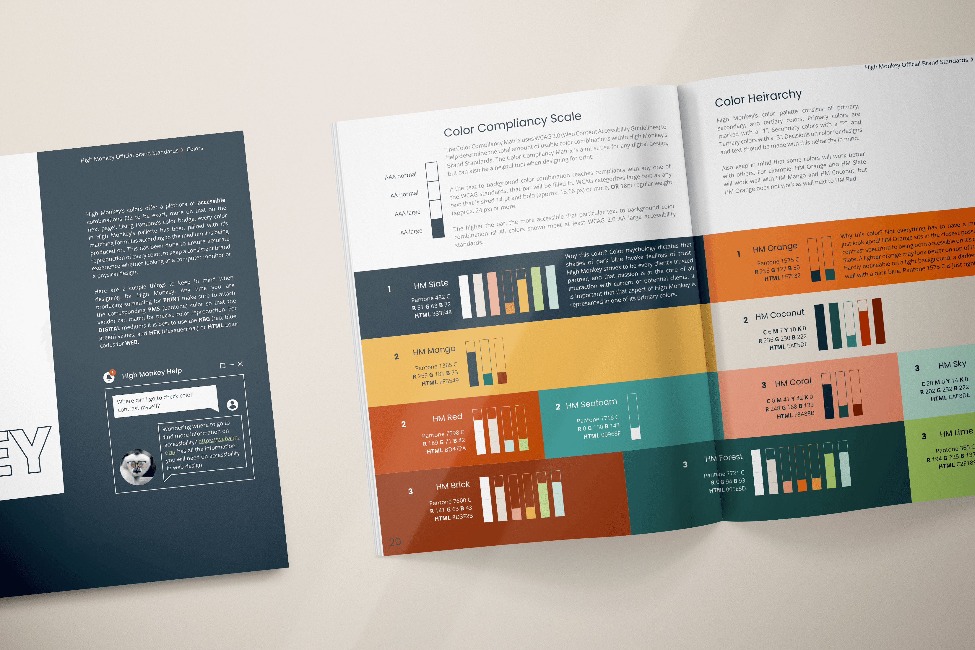 High Monkey Consulting brand standards guide open to color compliancy page