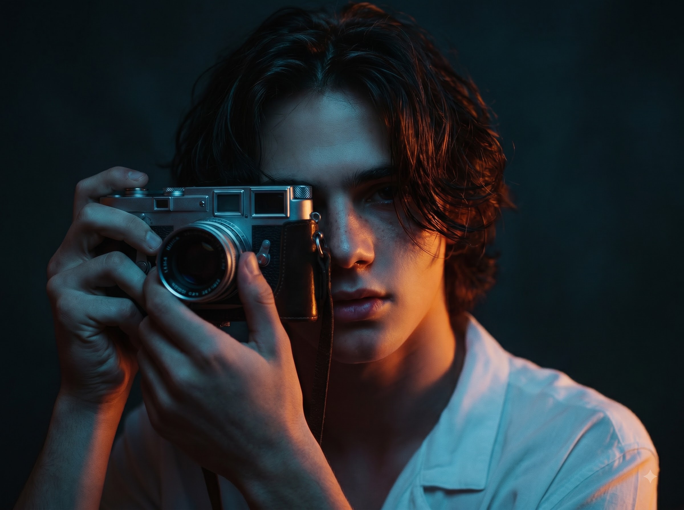 A young man touching his neck, lit by dramatic blue and orange light against a dark background.