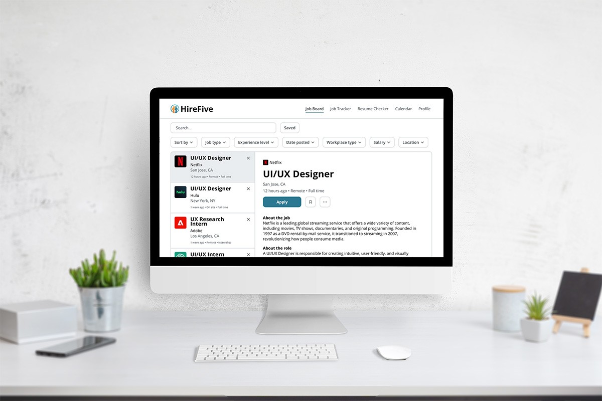 A desktop mockup showcasing the HireFive job board interface. The layout features an intuitive split-screen view, a clean typography hierarchy, and a comprehensive suite of user-centric job search filters.