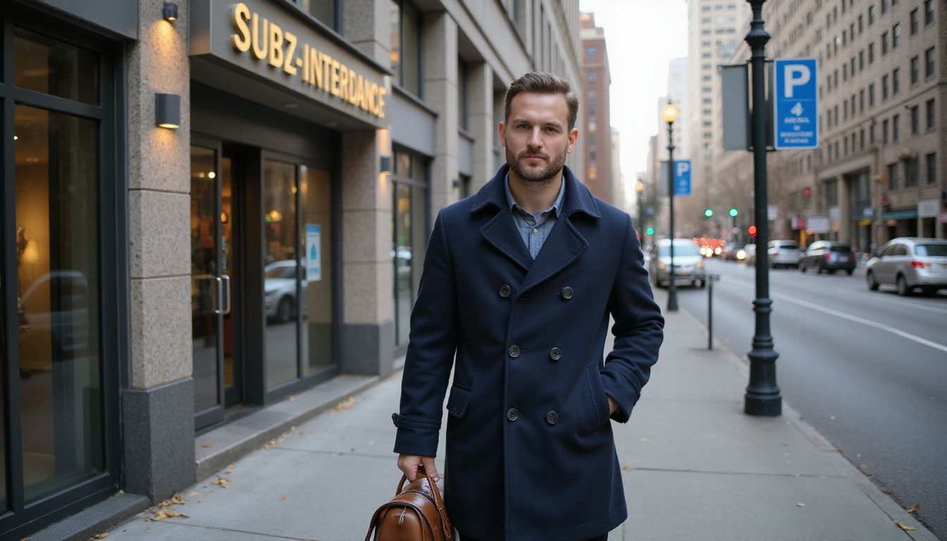 A man pauses outside a modern hotel on a busy street.