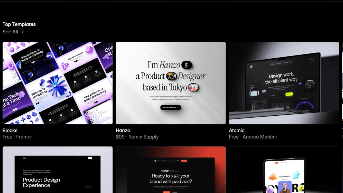 Gallery of top web design templates featuring options like Blocks, Hanzo, and Atomic with modern and customizable layouts