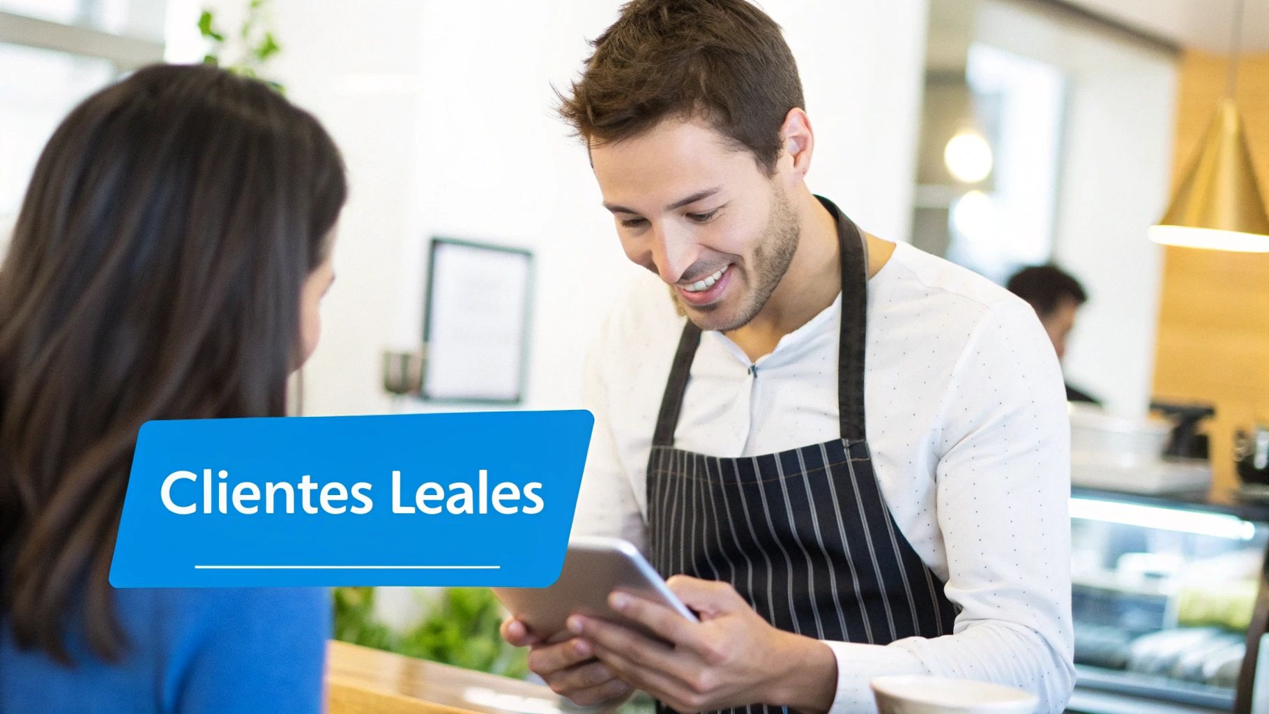 Barista sonriente usando una tablet con un cliente, en un entorno de café, con texto Clientes Leales.