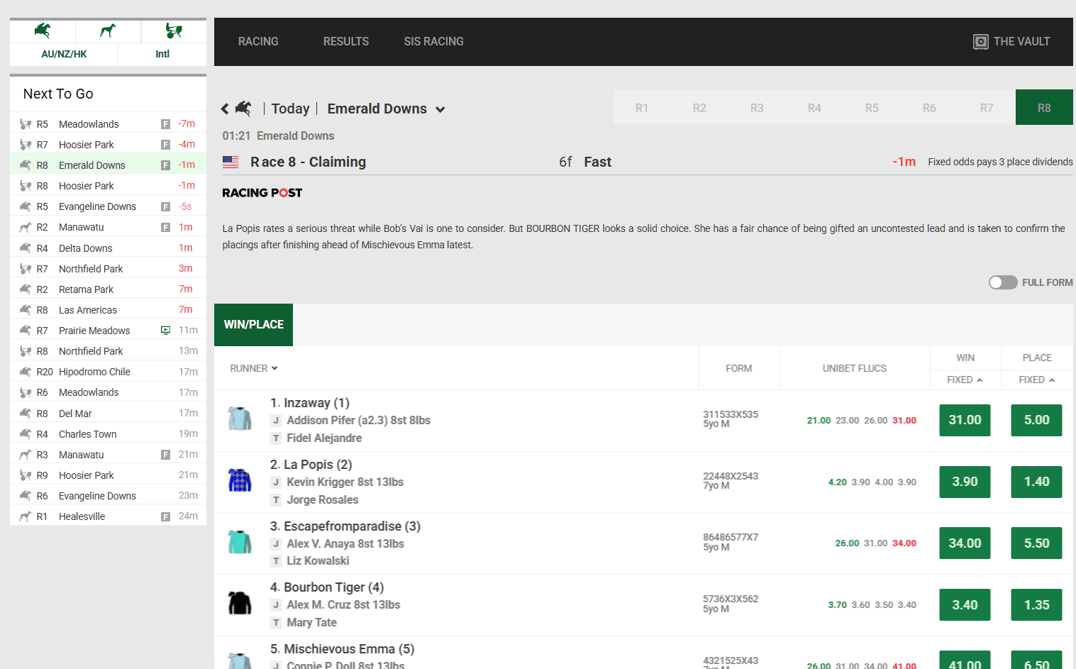Horse selected on the horse racing market section