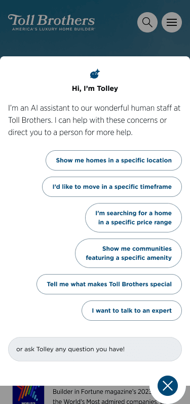 Opening Tolley, the Toll Brothers AI chatbot assistant