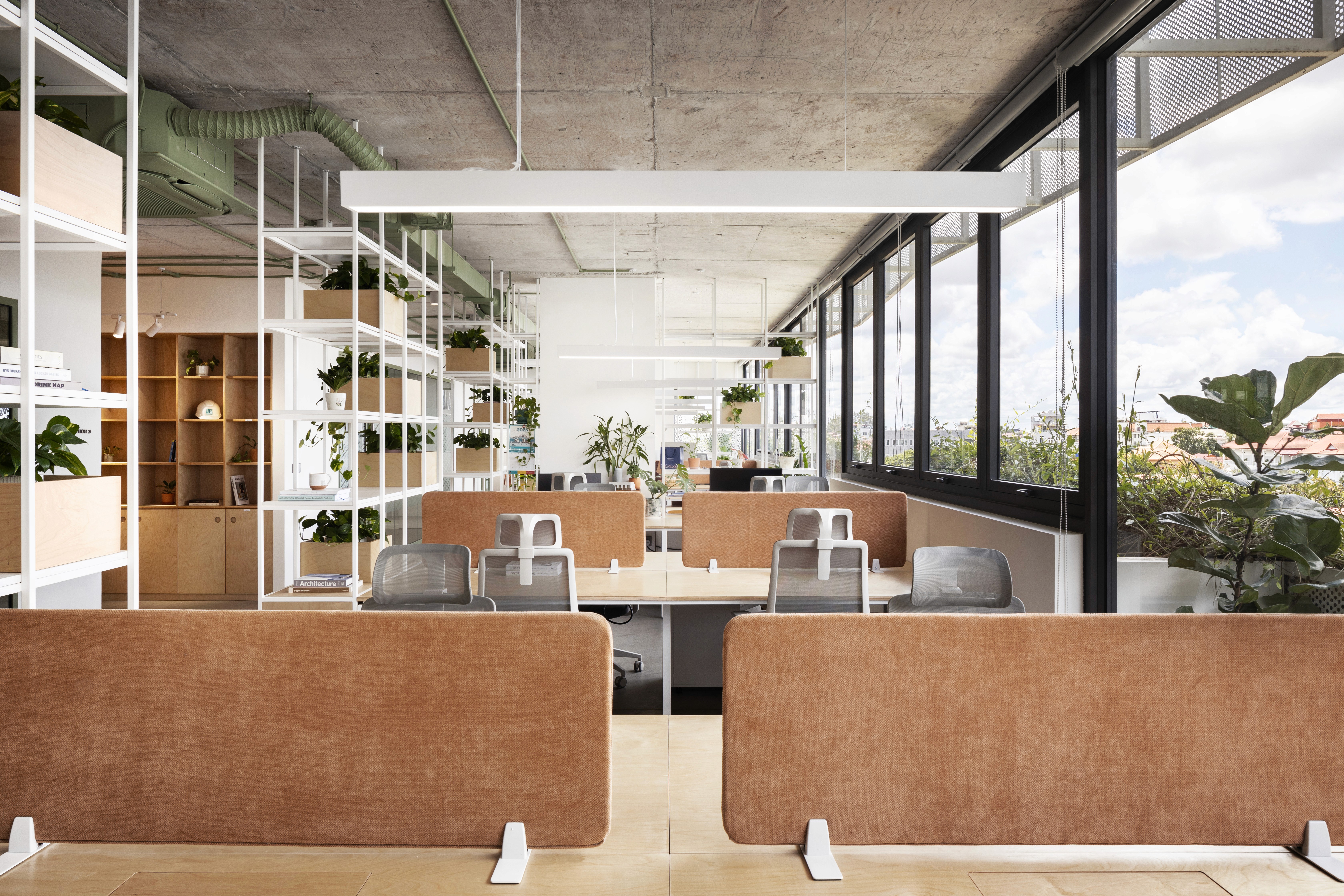 Open-plan office at ULS HQ in Siem Reap demonstrating biophilic office design and daylight harvesting to regulate circadian rhythms and improve team performance