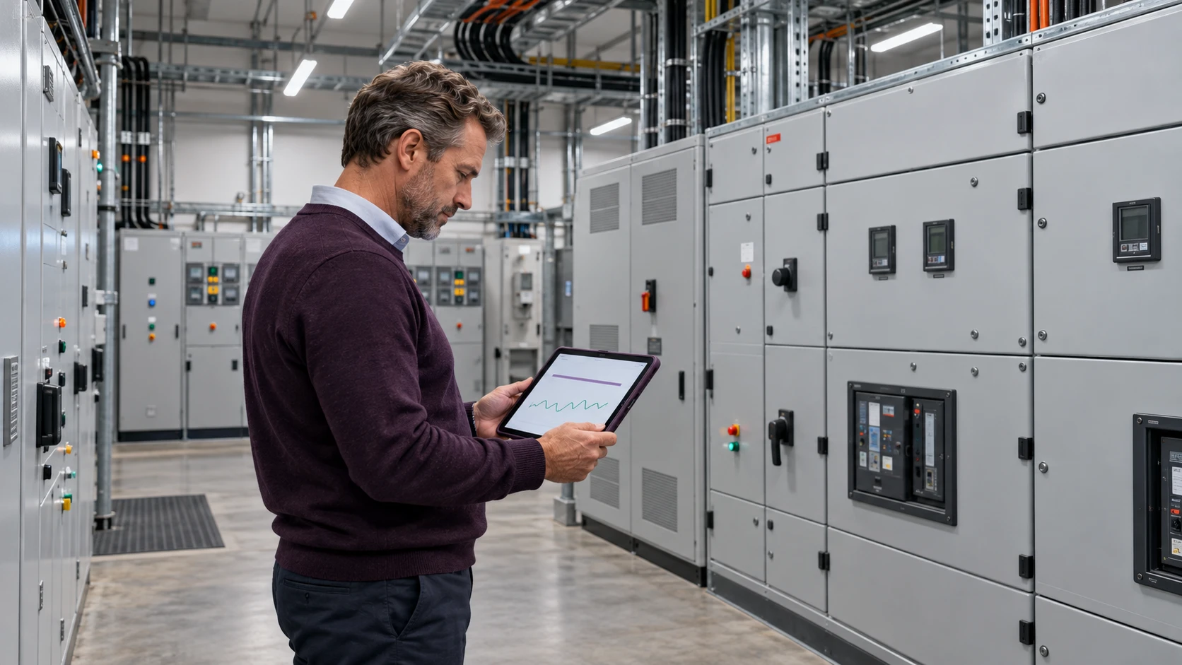 Energy manager reviewing a tablet beside electrical switchgear in a commercial building.