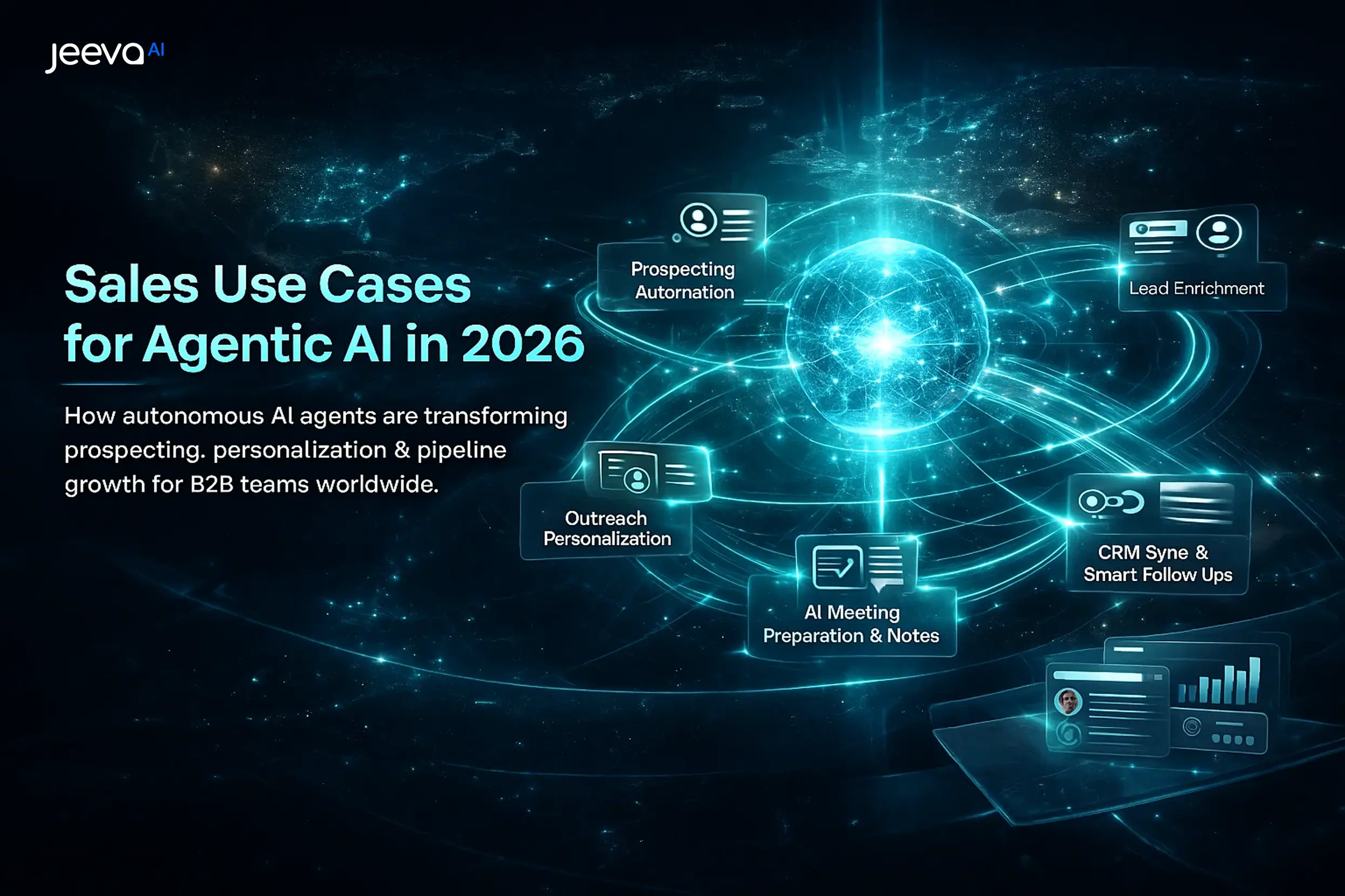 “Futuristic AI sales workflow visual showing glowing multi-agent nodes connected by teal and blue data lines over a dark navy background. Headline reads ‘Sales Use Cases for Agentic AI in 2026,’ symbolizing how autonomous AI transforms prospecting, personalization and sales automation.”