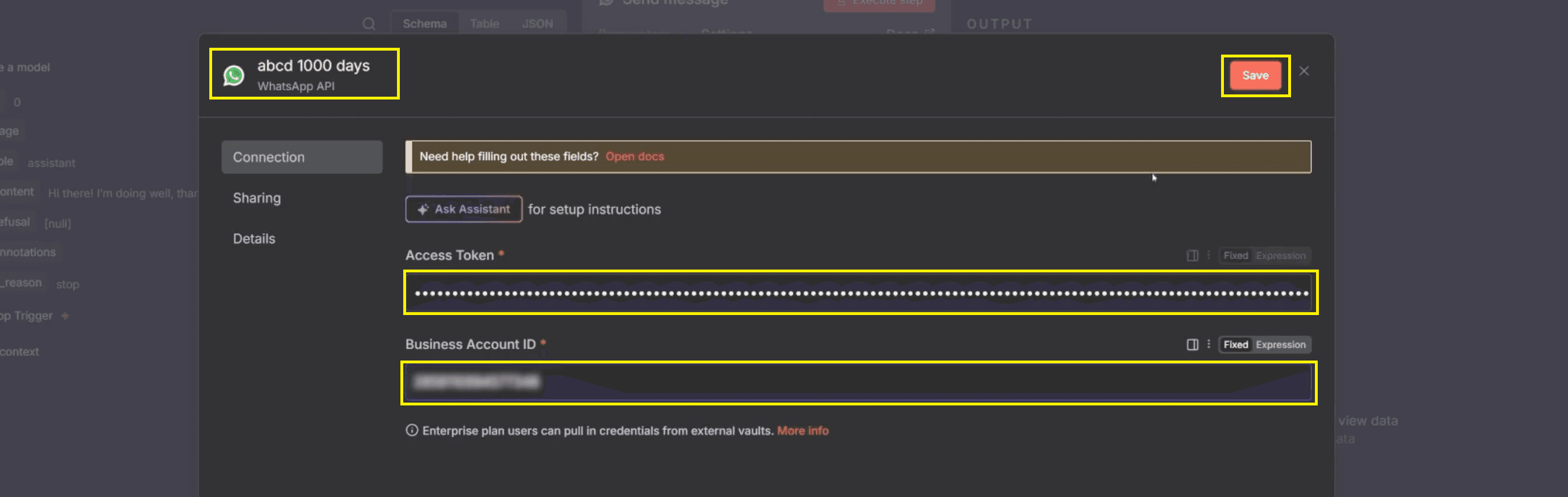 11. access token, business acc. id., change name and save