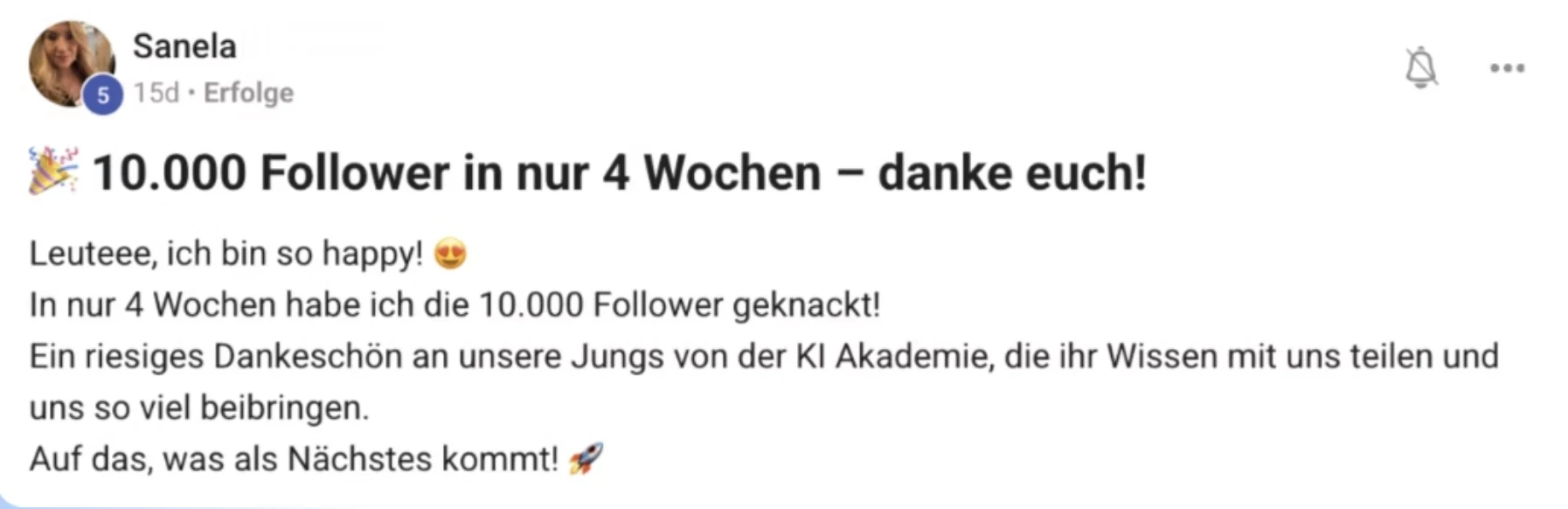 Erfolgsbericht KI Creator Akademie: Sanela knackt 10.000 Instagram-Follower in nur 4 Wochen
