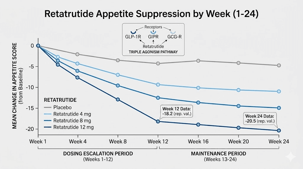 Retatrutide appetite suppression timeline week by week chart
