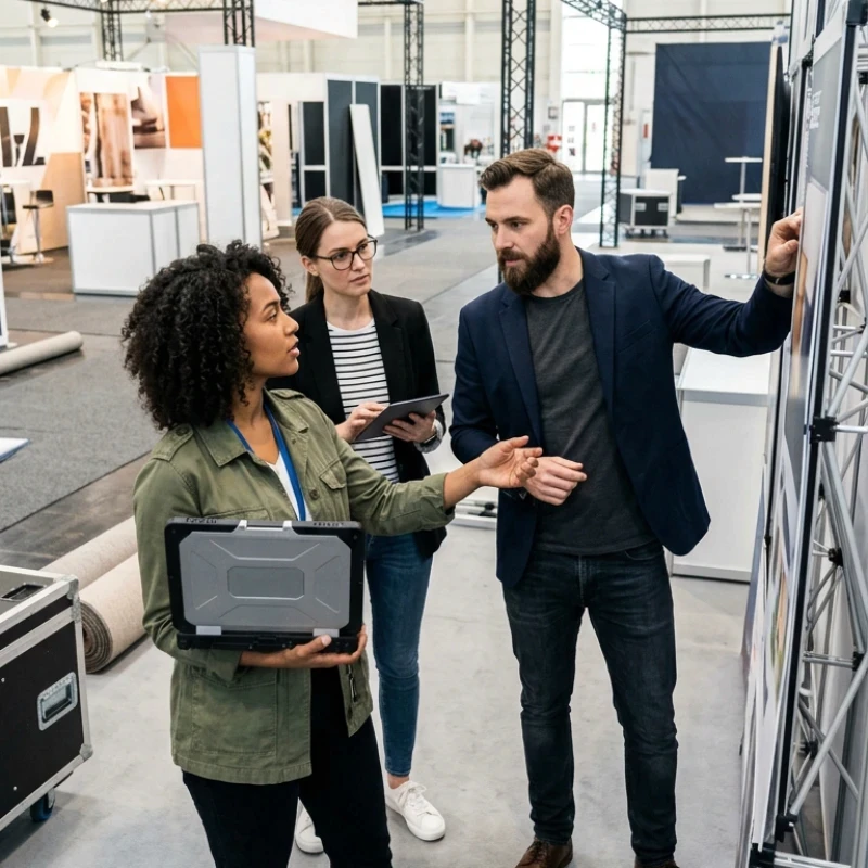 Équipe de professionnels et d'exposants en pleine installation sur un salon professionnel, analysant des supports de communication et des flux logistiques, illustrant notre expertise en Événements mémorables pour structurer un événementiel salon professionnel utile.
