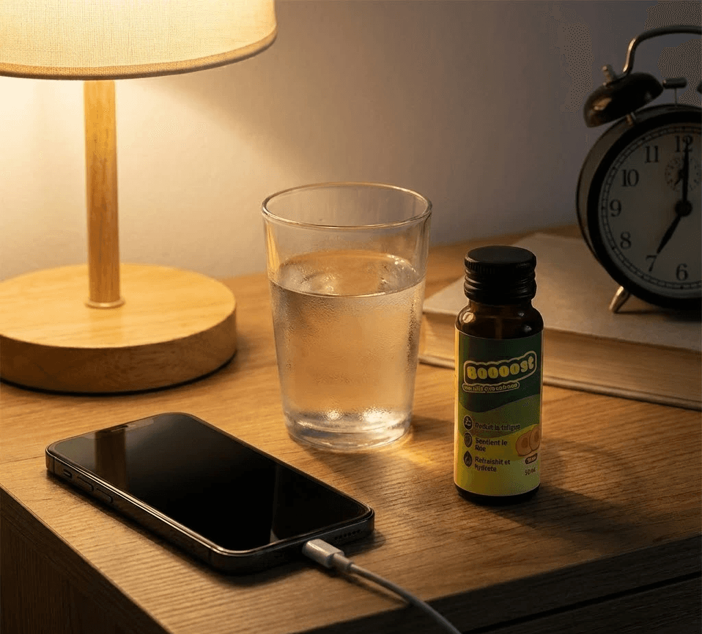 oody nightstand photo: glass of water, phone charging, bottle of Boooost.