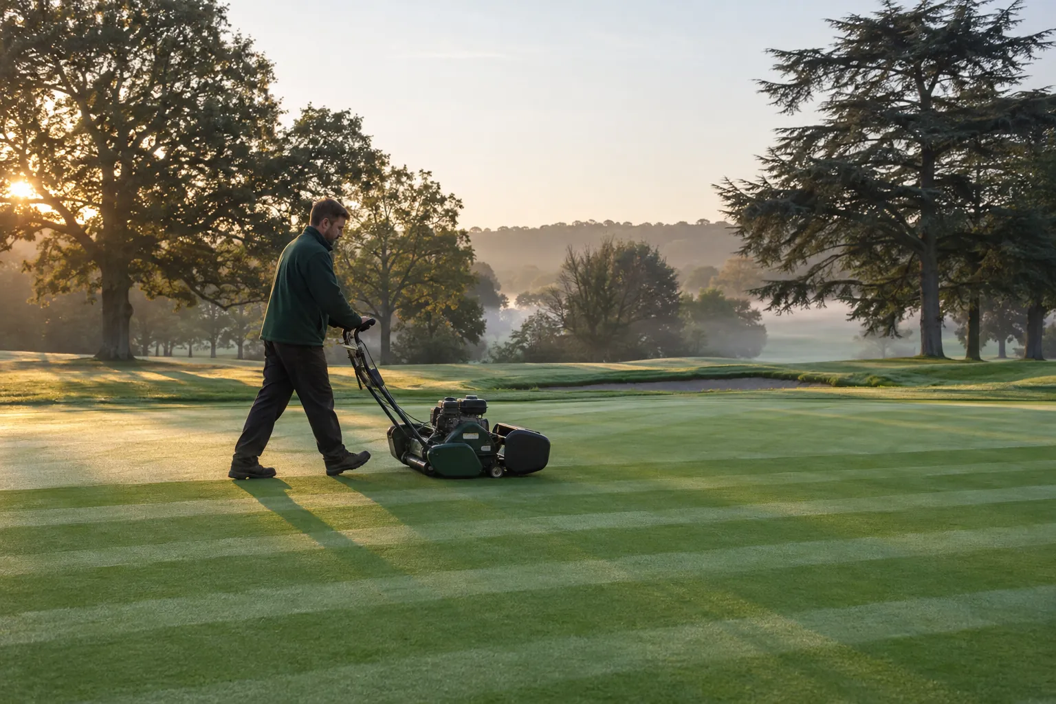 A greenkeeper walking a hand-pushed mower across a striped green at dawn, mist in the park and the sun low behind the oaks