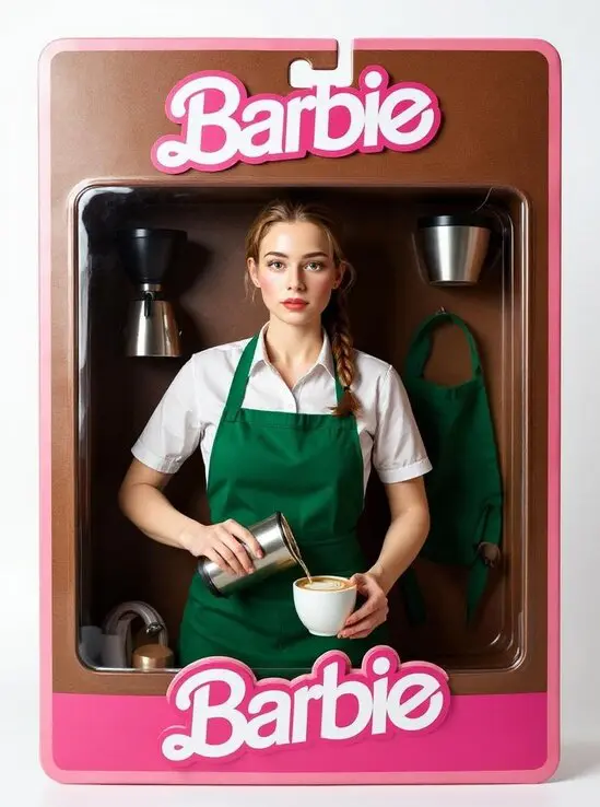 ai barbie dolls barista doll in café box with coffee accessories.