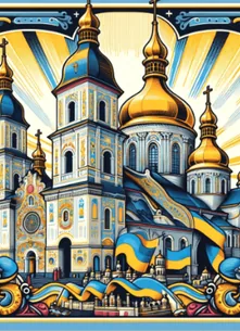 Vibrant artwork of the St. Michael's Golden-Domed Monastery in Ukraine, illustrating Story Inventory's service to narrate your product's journey in Ukrainian, honoring the local language and culture