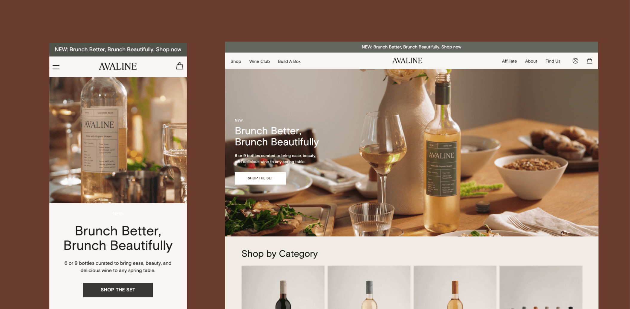 Avaline Shopify homepage showcasing wine collections and lifestyle imagery