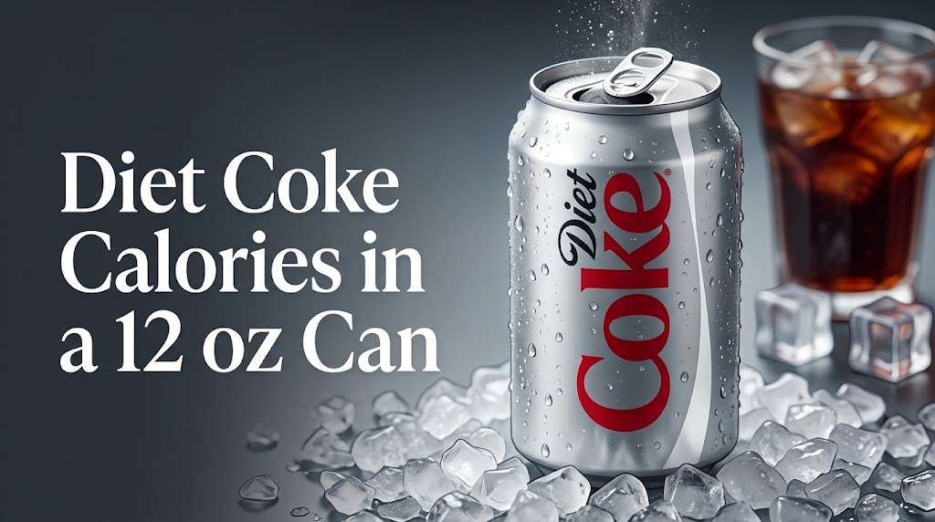 An ice-cold 12 oz can of Diet Coke, covered in condensation, is displayed prominently with text overlay that reads 'Diet Coke Calories in a 12 oz Can'.