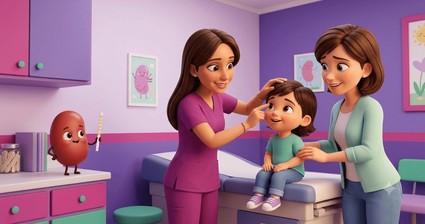Ilustración de la Dra. Cristina Castañeda, nefróloga pediatra en CDMX, revisando con cariño los ojitos de un niño junto a su mamá, con una mascota-riñón sosteniendo una tira reactiva — artículo sobre síndrome nefrótico en niños.