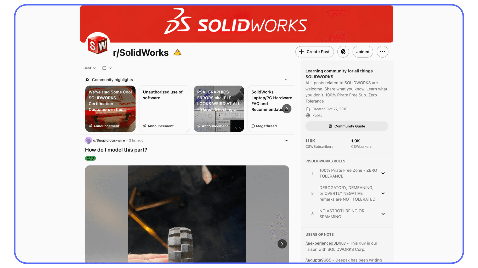 Reddit r/SolidWorks community page showing a user asking how to model a part, highlighting peer learning and shared workflows