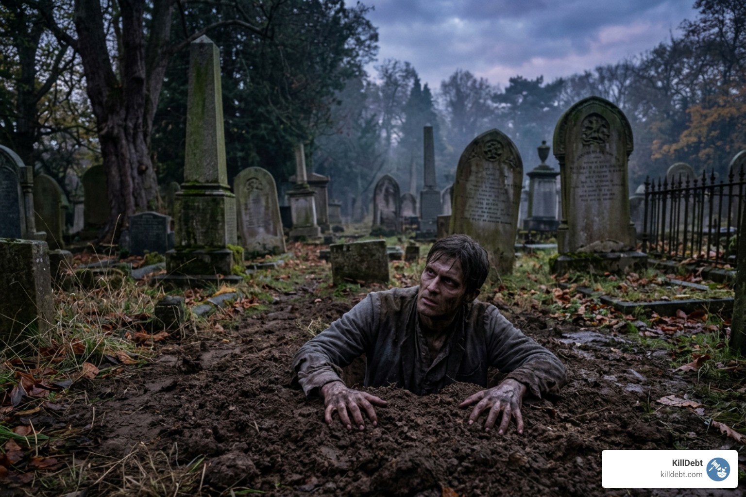 zombie rising from grave representing old debt