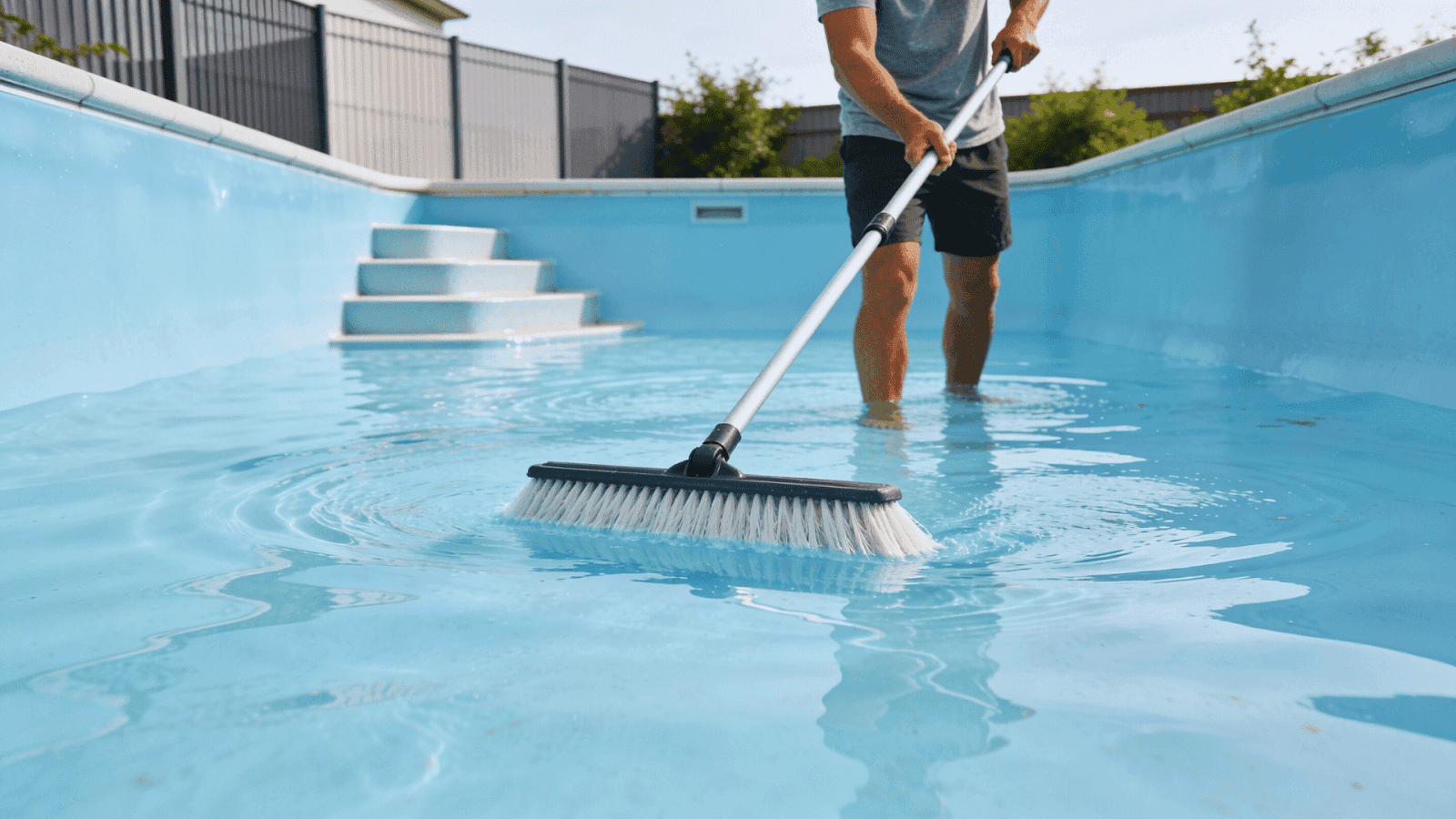 Easy maintenance of fiberglass pool with smooth gel coat surface