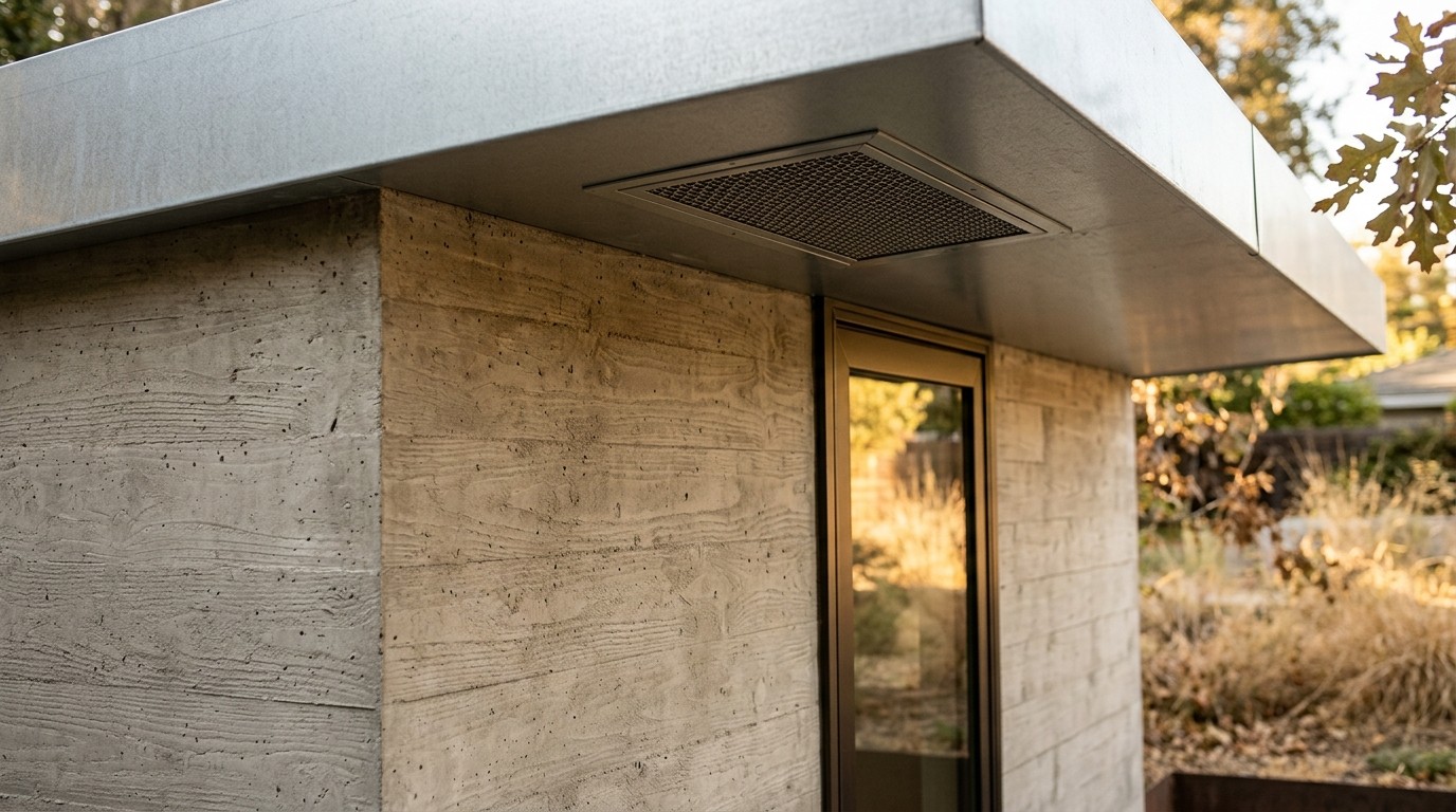 Builtech Construction Group - modern concrete house metal eave vent close-up