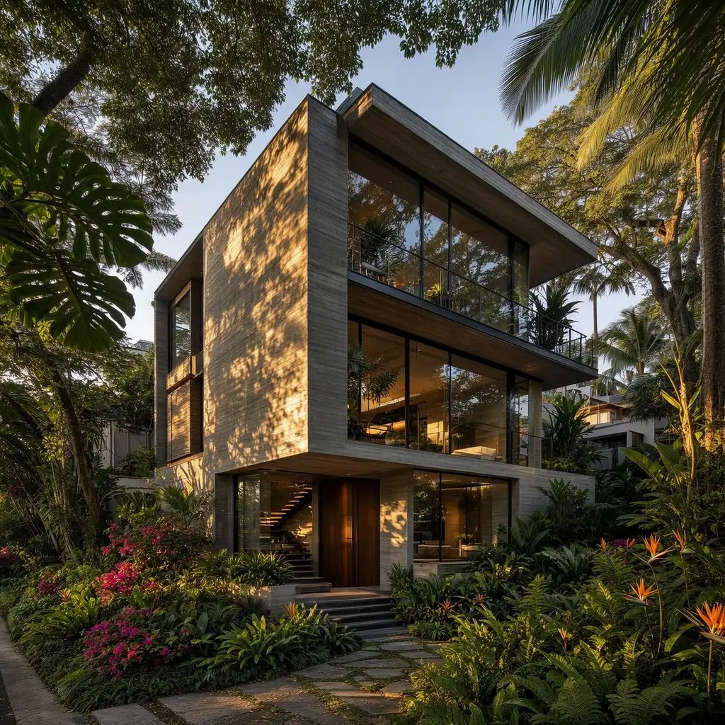Exterior view of a modern multi-story luxury home with a textured stone facade and expansive glass windows, nestled within a vibrant tropical garden with a stone pathway entrance