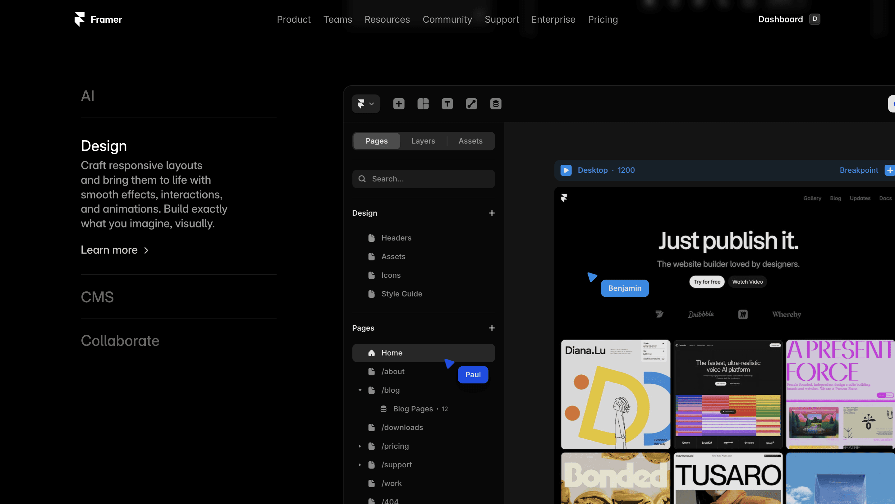 Screen z webových stránek z platfromy Framer