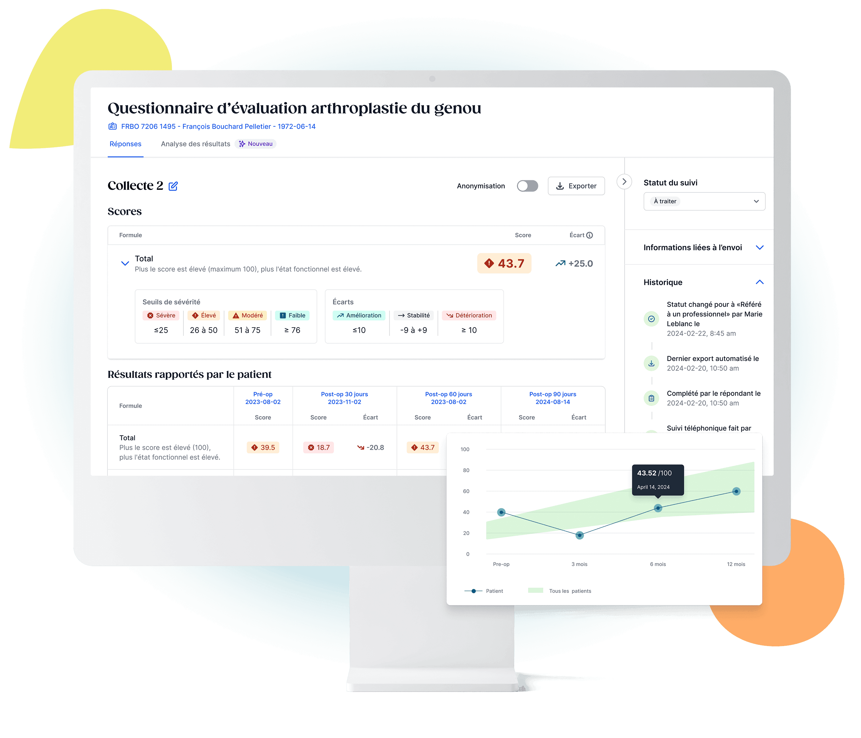 Questionnaire d'évaluation de l'arthroplastie du genou affiché sur un écran d'ordinateur présentant les données du patient et un graphique de progression.