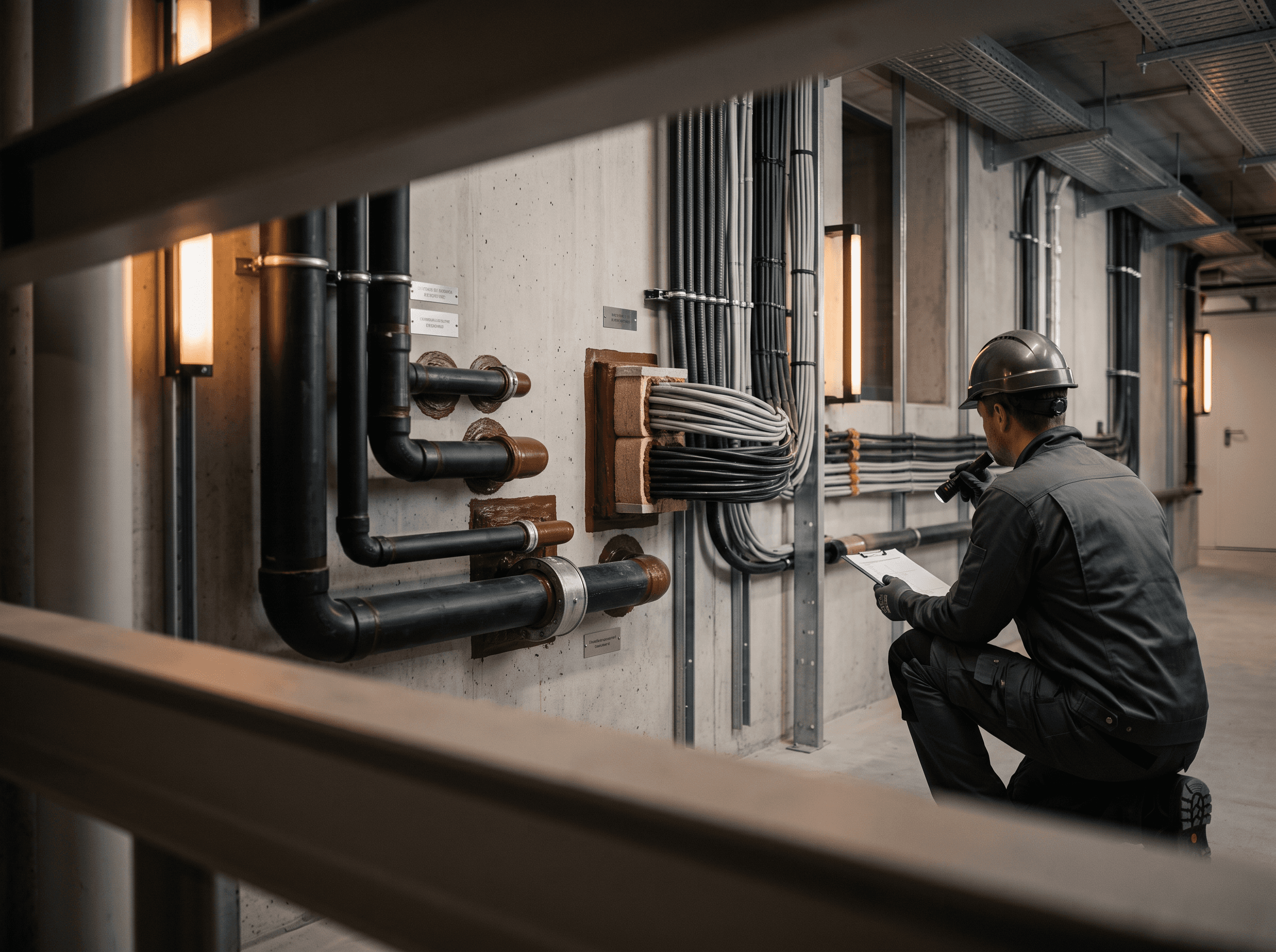 Technician inspecting cable and pipe penetrations through a wall