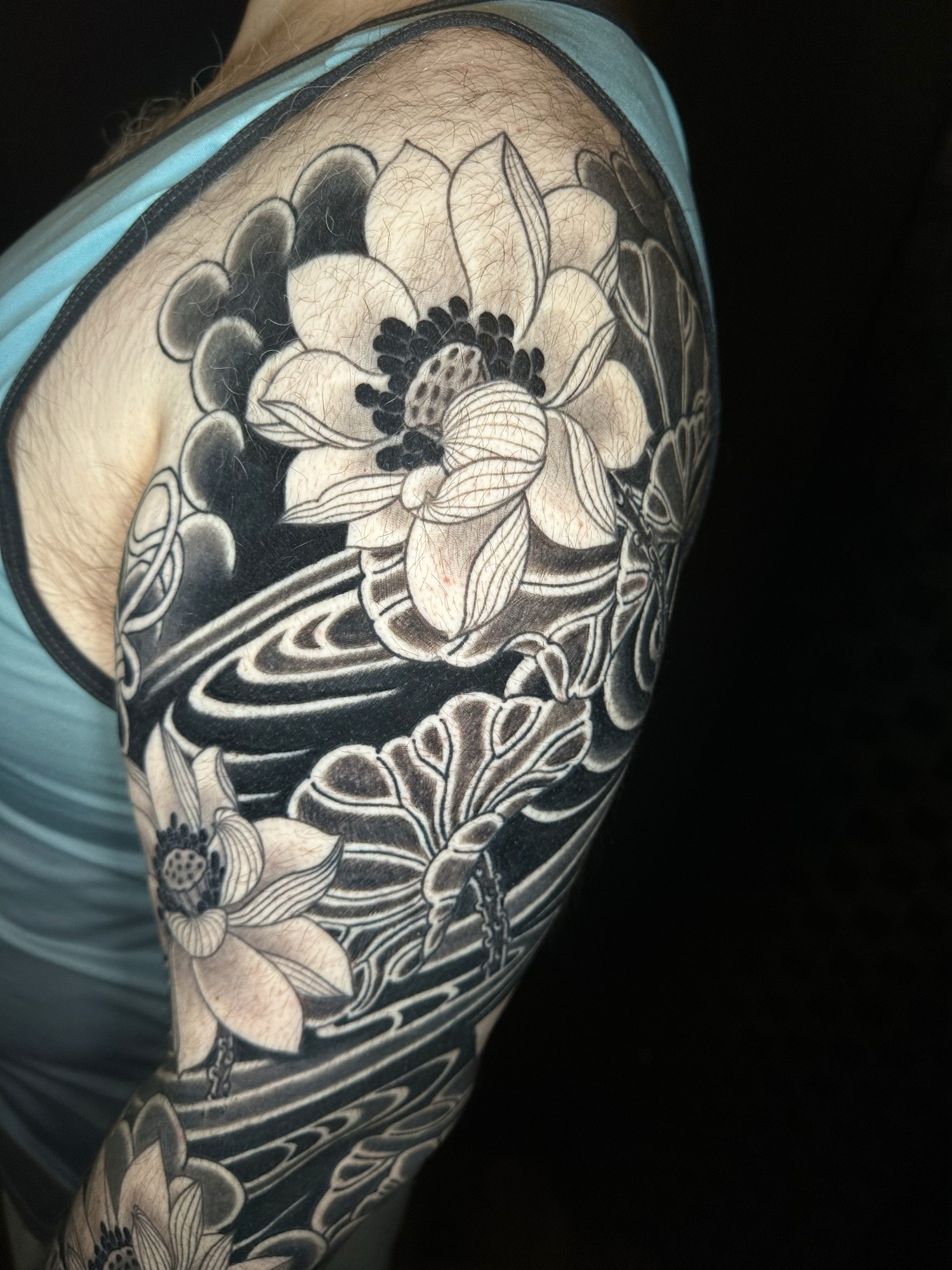 Lotus and water half sleeve, black and grey