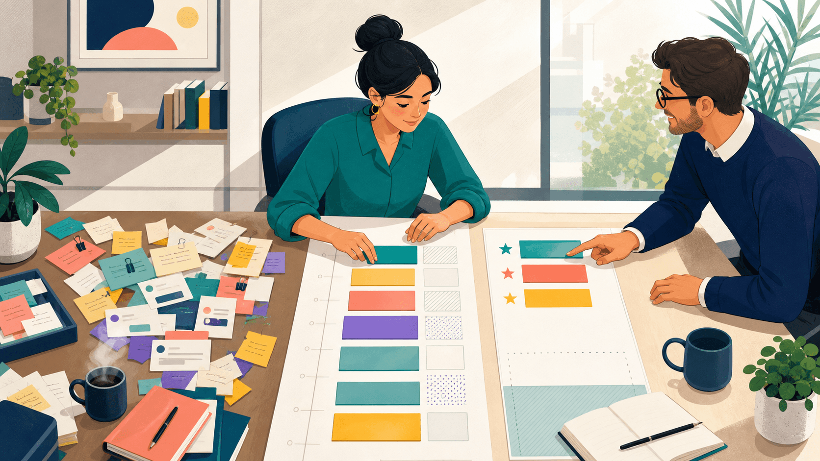 Employee and manager organizing an overloaded workday into clear priorities and time blocks