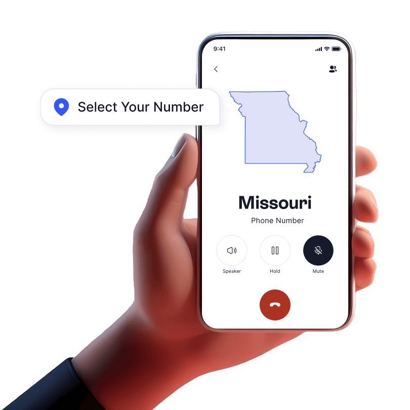 Hand holding mobile device with incoming business call from Missouri displayed using LinkedPhone 2nd phone number app