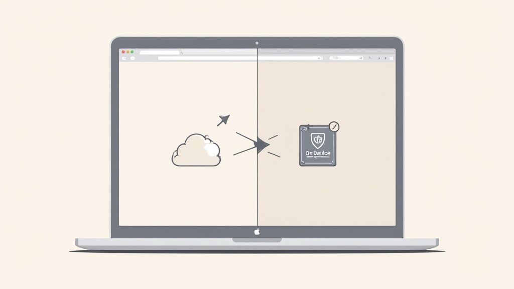A laptop screen visualizes data flowing from a cloud icon to an 'On Device' shield with a checkmark.
