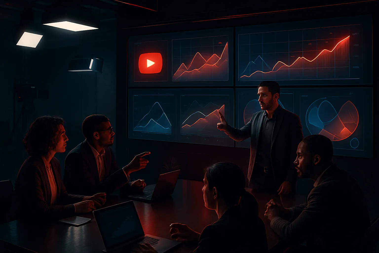 Team meeting at RockN' Socials, Digital Marketing Agency, analyzing growth charts.