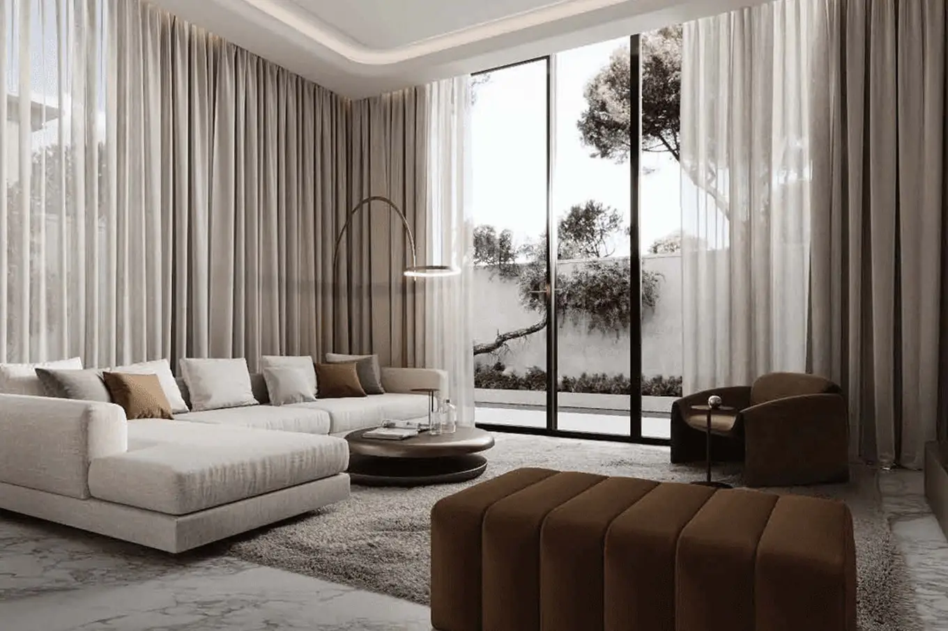 Contemporary living room with green chairs and a spacious window, highlighting the elegance of Lua Residences.