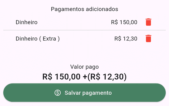 pagamentos adicionados