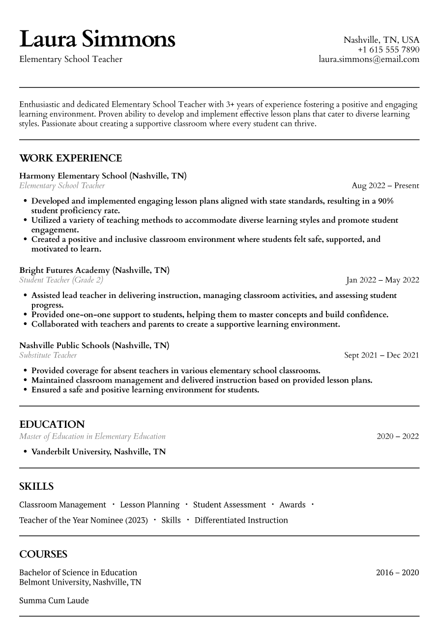 Elementary school teacher resume example