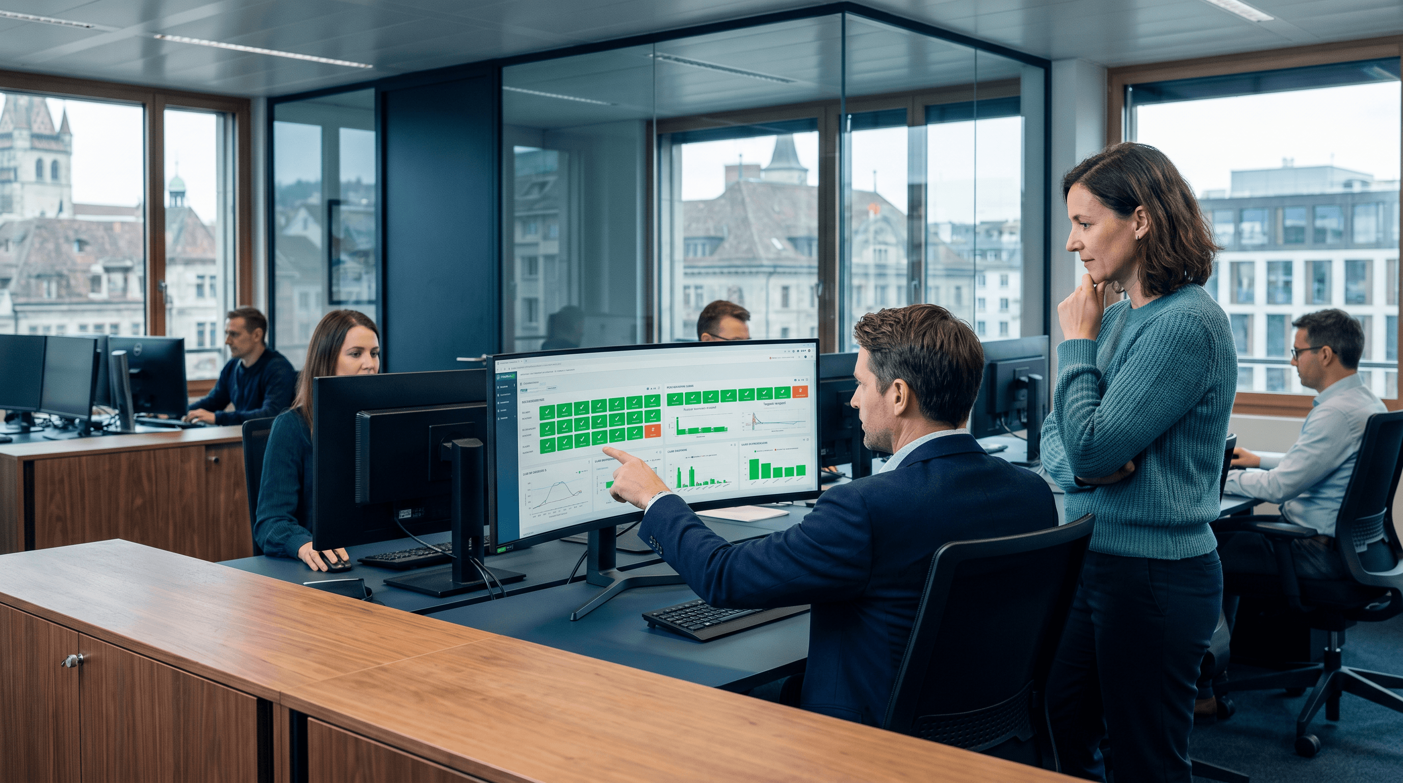 QA-Team einer Versicherung beobachtet einen automatisierten Regressionslauf