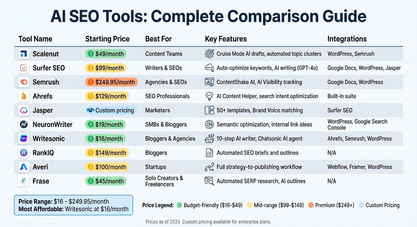 AI SEO Tools Comparison: Pricing, Features and Target Users
