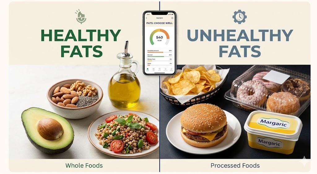 A high-contrast split-screen photograph. The left side, labeled "Healthy Fats," shows vibrant whole foods like avocado, almonds, and olive oil in bright lighting. The right side, labeled "Unhealthy Fats," shows processed items like a burger, donuts, and margarine in a darker tone. A smartphone in the center displays a calorie-tracking app.