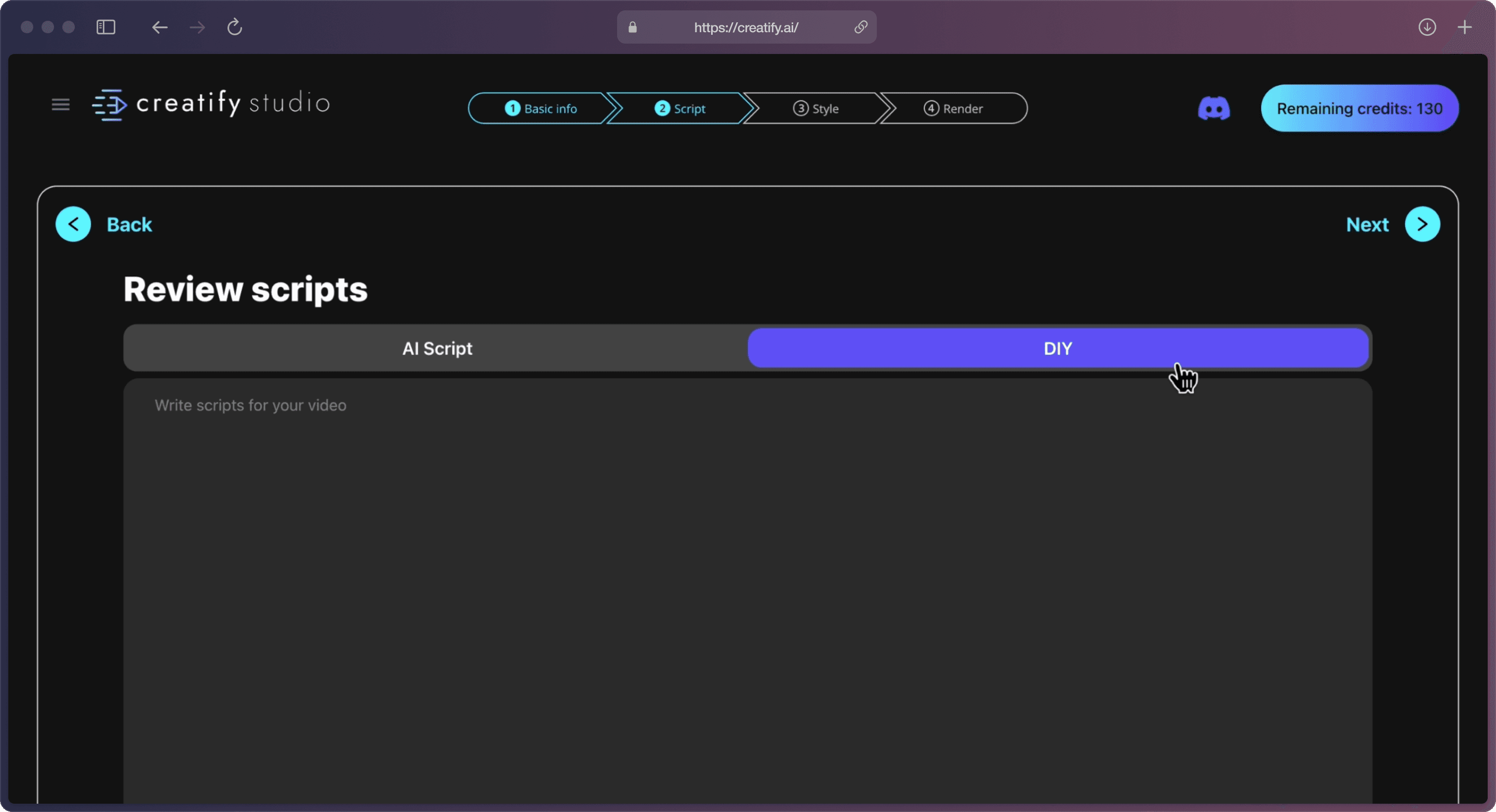 A screenshot of Creatify AI app on the “Review scripts” page with a cursor hovering on “DIY” purple bracket and large empty space for text input.