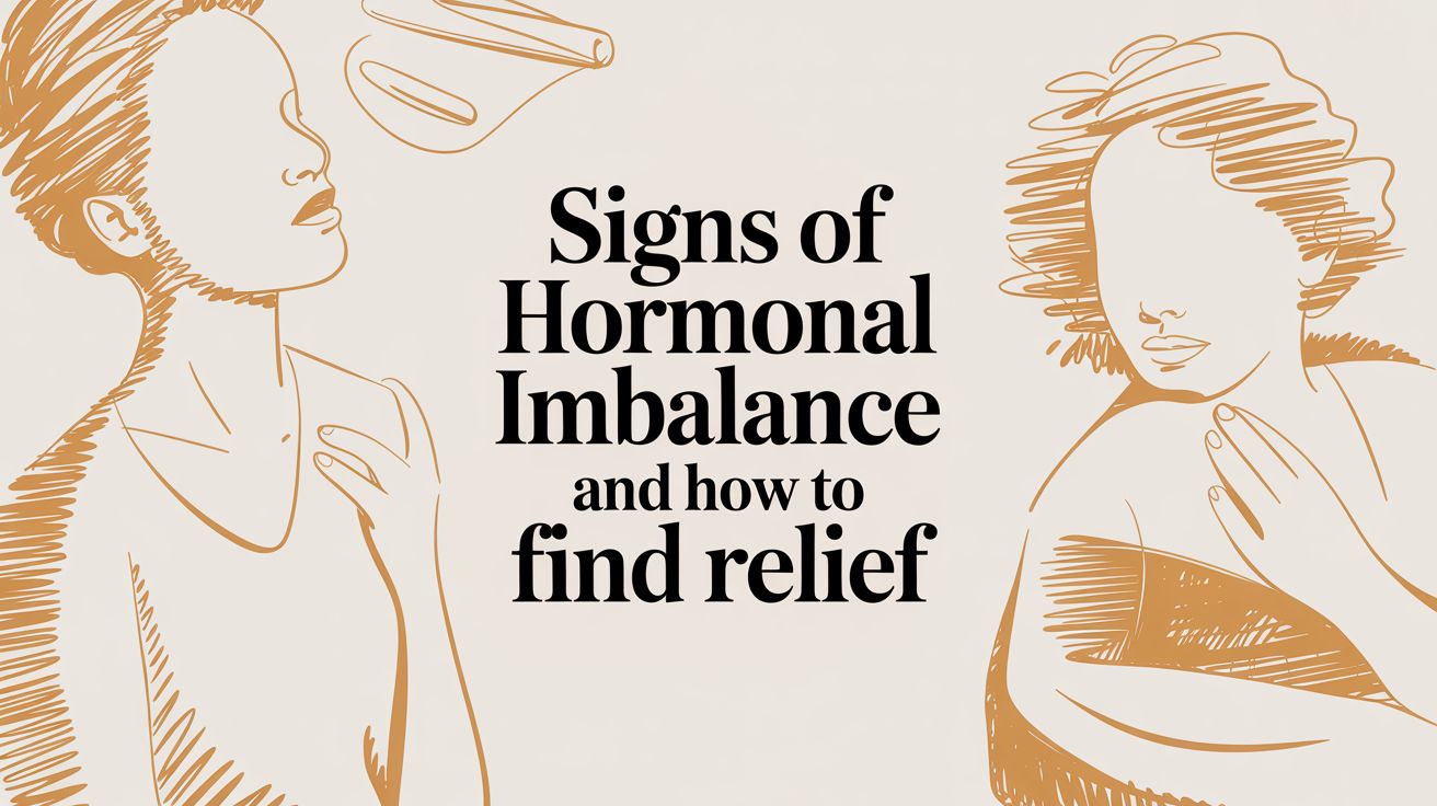 Orange sketch of two faceless people and the words Signs of hormonal imbalance and how to find relief