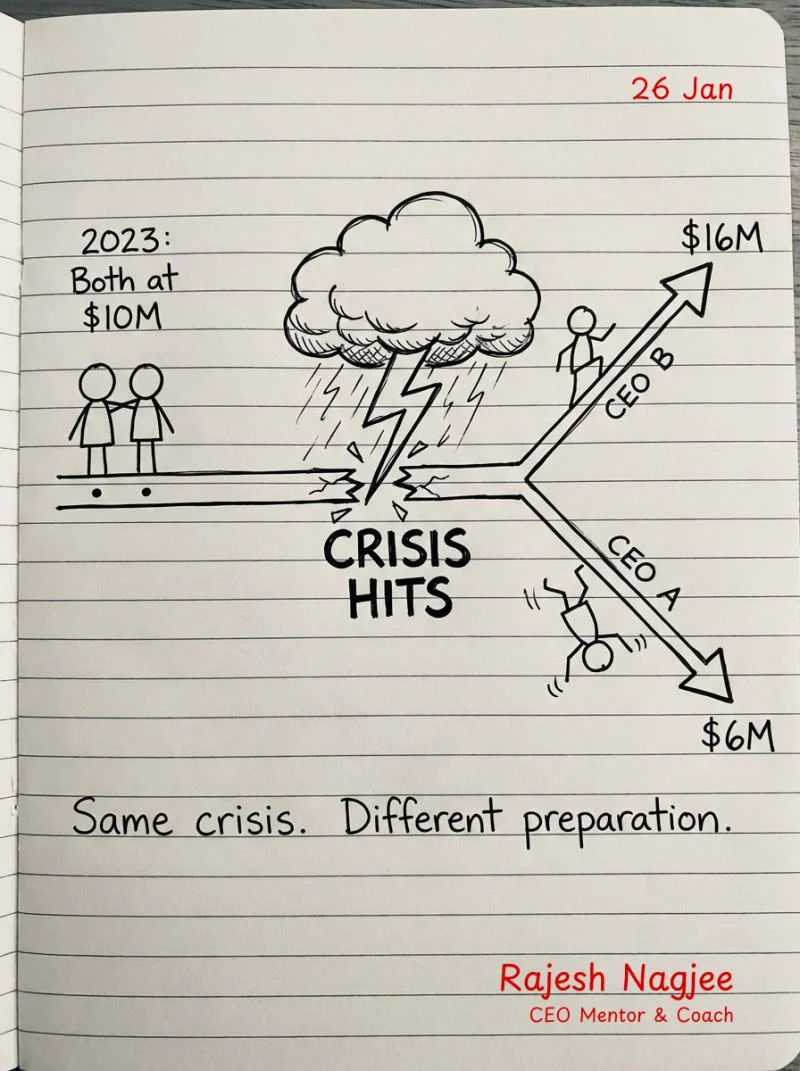 Two CEOs at $10M revenue face the same crisis: one grows to $16M, one drops to $6M. Same crisis. Different preparation. — Rajesh Nagjee, CEO Mentor & Coach