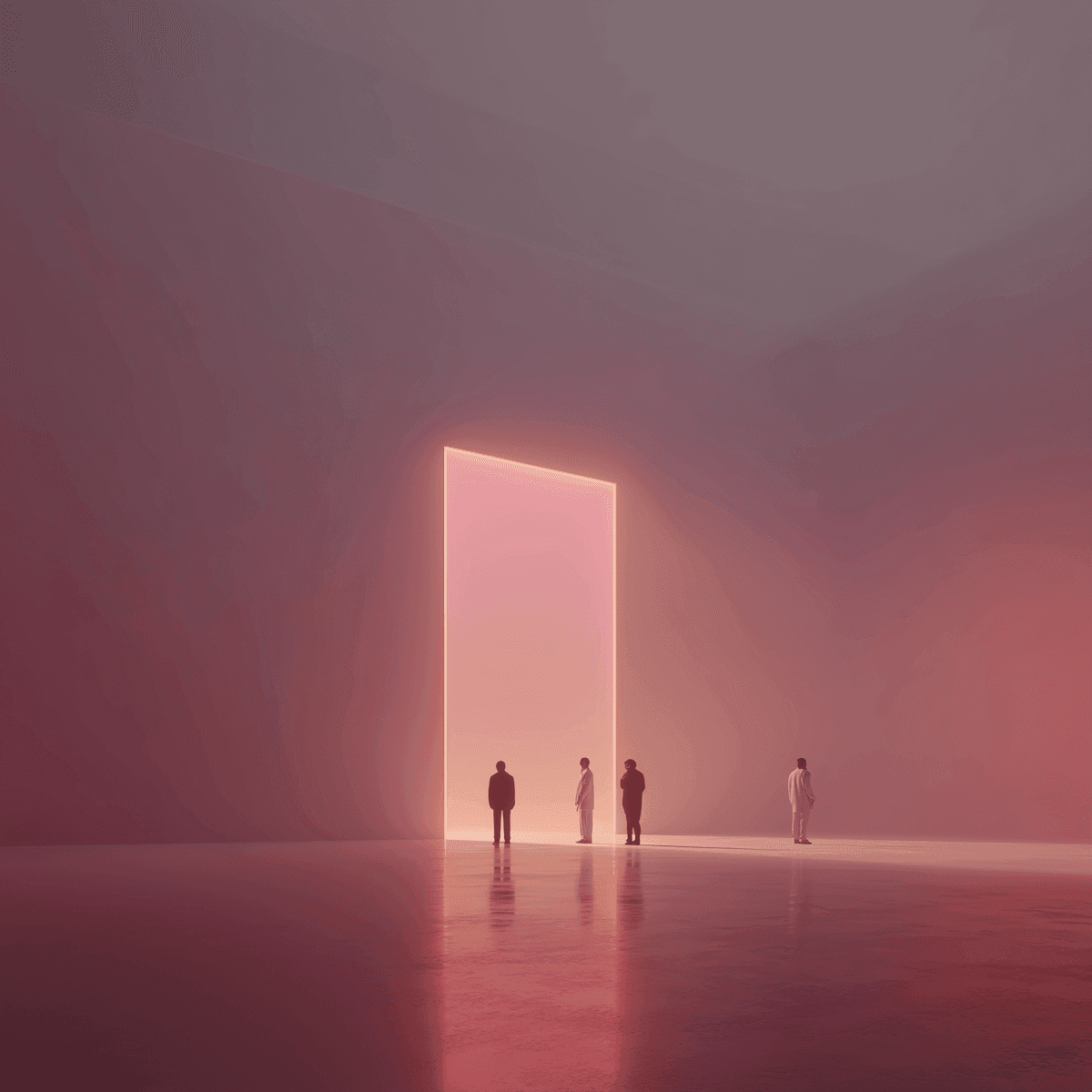 A spacious room filled with people gathered in front of a vibrant pink light, creating a lively atmosphere.