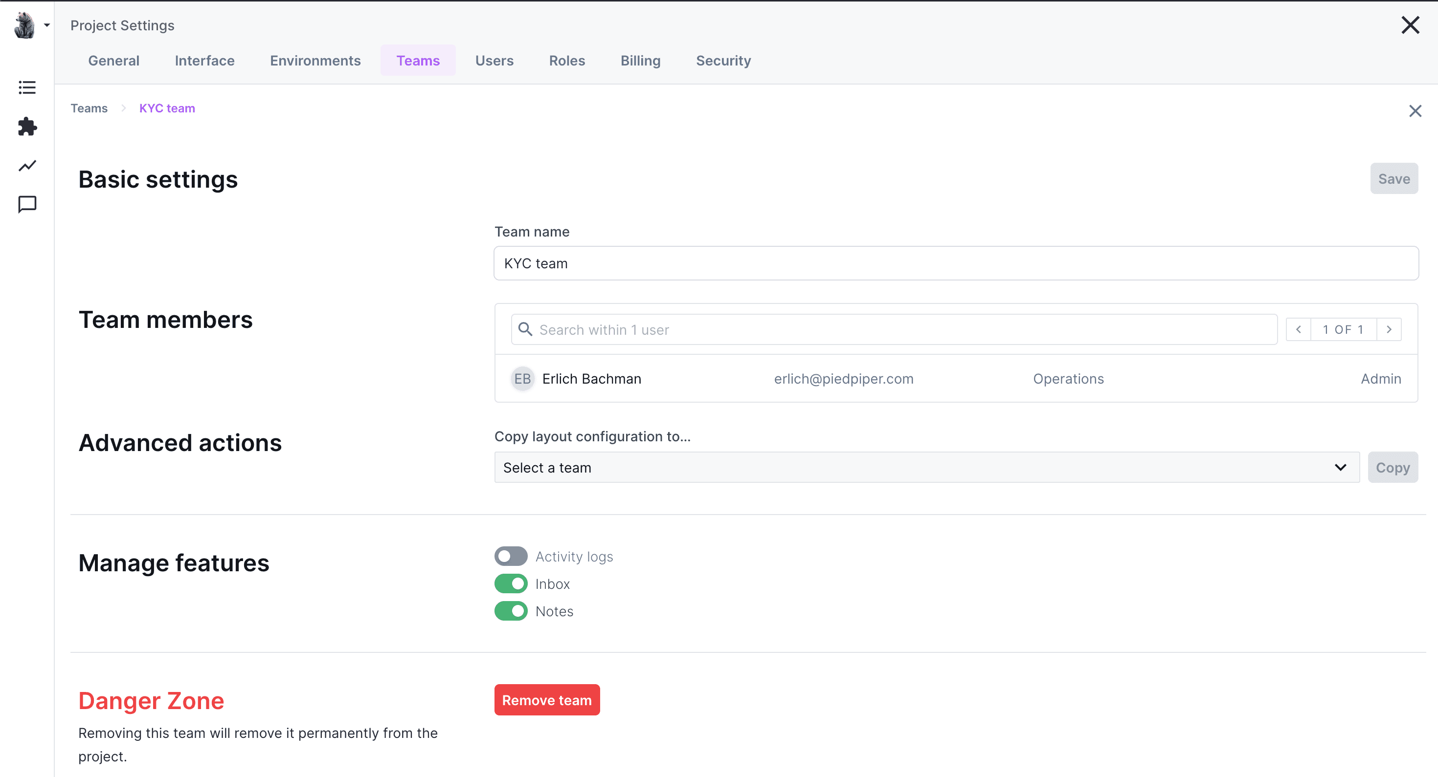 A screenshot from Forest Admin demo project presenting Project Settings with a new feature to restrict access to some features.