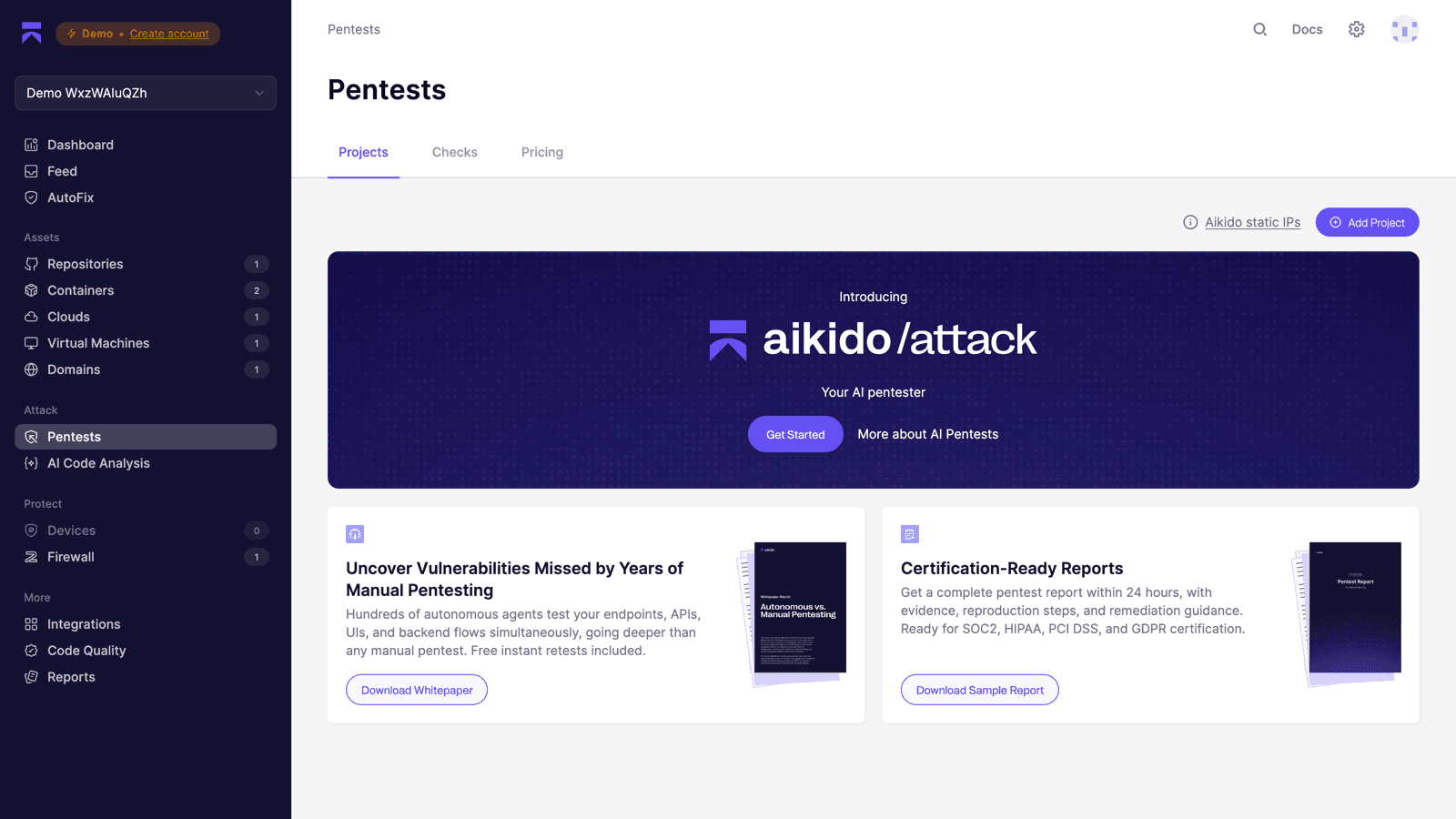 Aikido Attack pentest module inside the app showing the aikido/attack projects screen with add-project and sample-report options